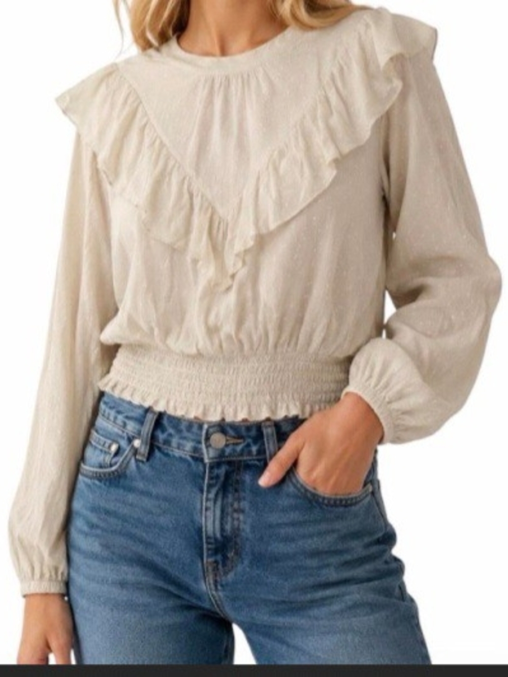 wild fable Cream Ruffle Smocked Hem Blouse